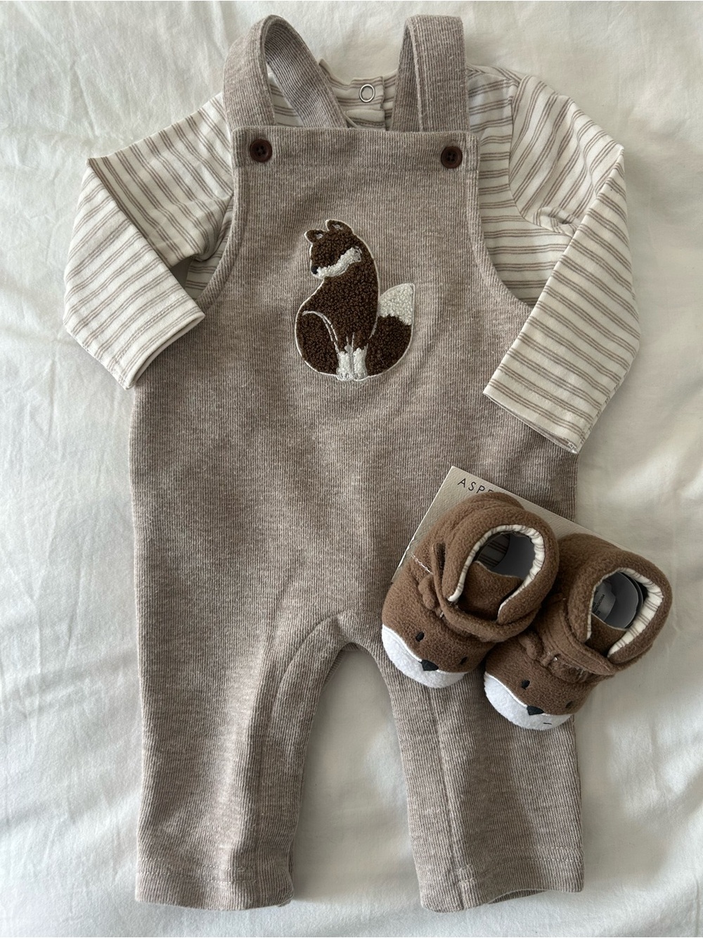 Baby Aspen Baby Outfit Taupe Beige Fox Overalls and Booties 0-3M